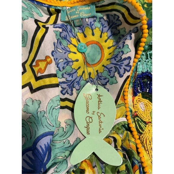 Antica Sartoria NWT lemons blue floral pattern beaded tie front long maxi cover - Picture 5 of 16
